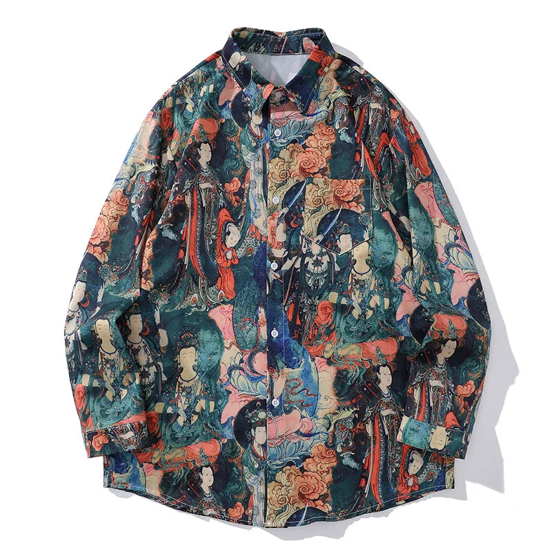 Mens Streetwear Multi Chinese Ancient Graffiti Long Sleeve Shirts Vintage