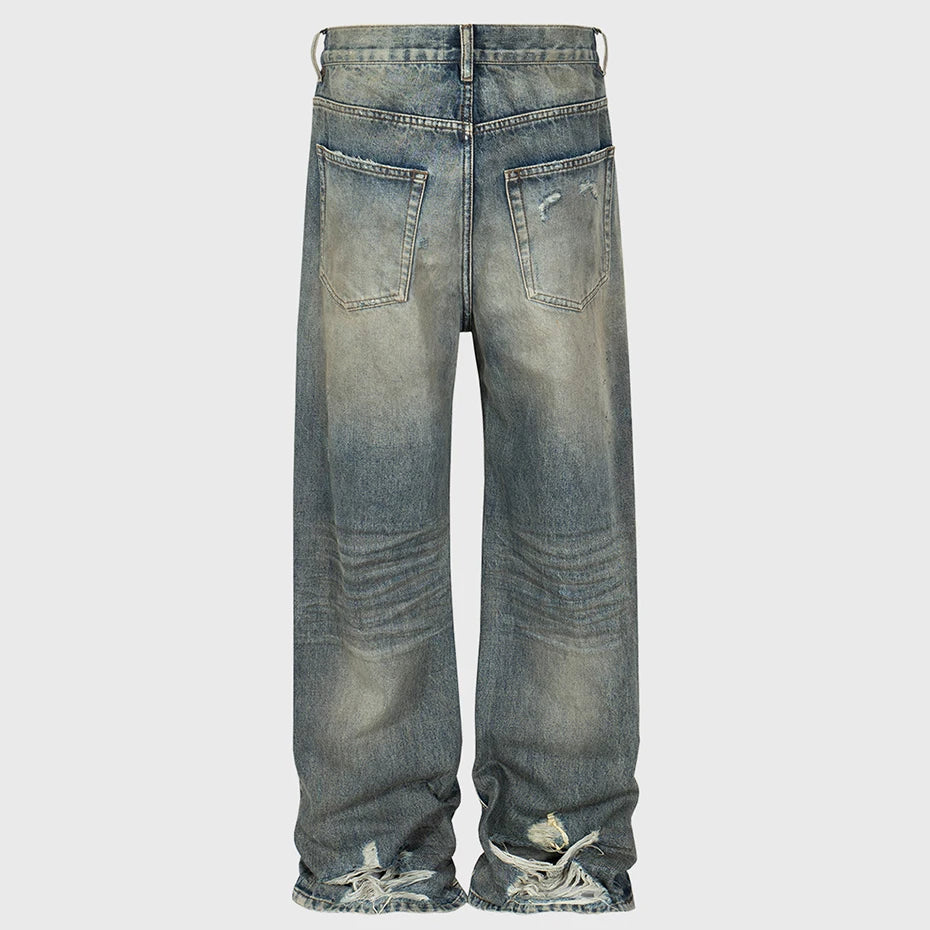 vintage men jeans blue baggy denim pants dirty washed retro loose straight jeans trousers unique jeans style 5996