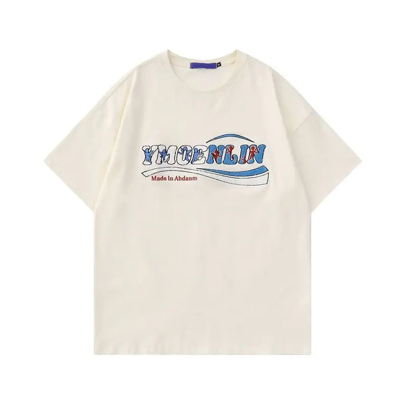 Glitchcore Melting smiley – Pure Cotton American Retro Simple Trendy Letter Short Sleeve