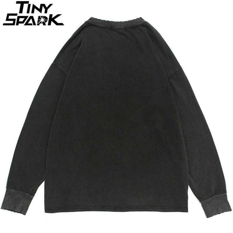 Hip Hop 2023 Men Streetwear Sweatshirt Skull Lightning Print Pullover Ripped Hole Sweatshirt Harajuku Cotton Loose Sweat Shirt