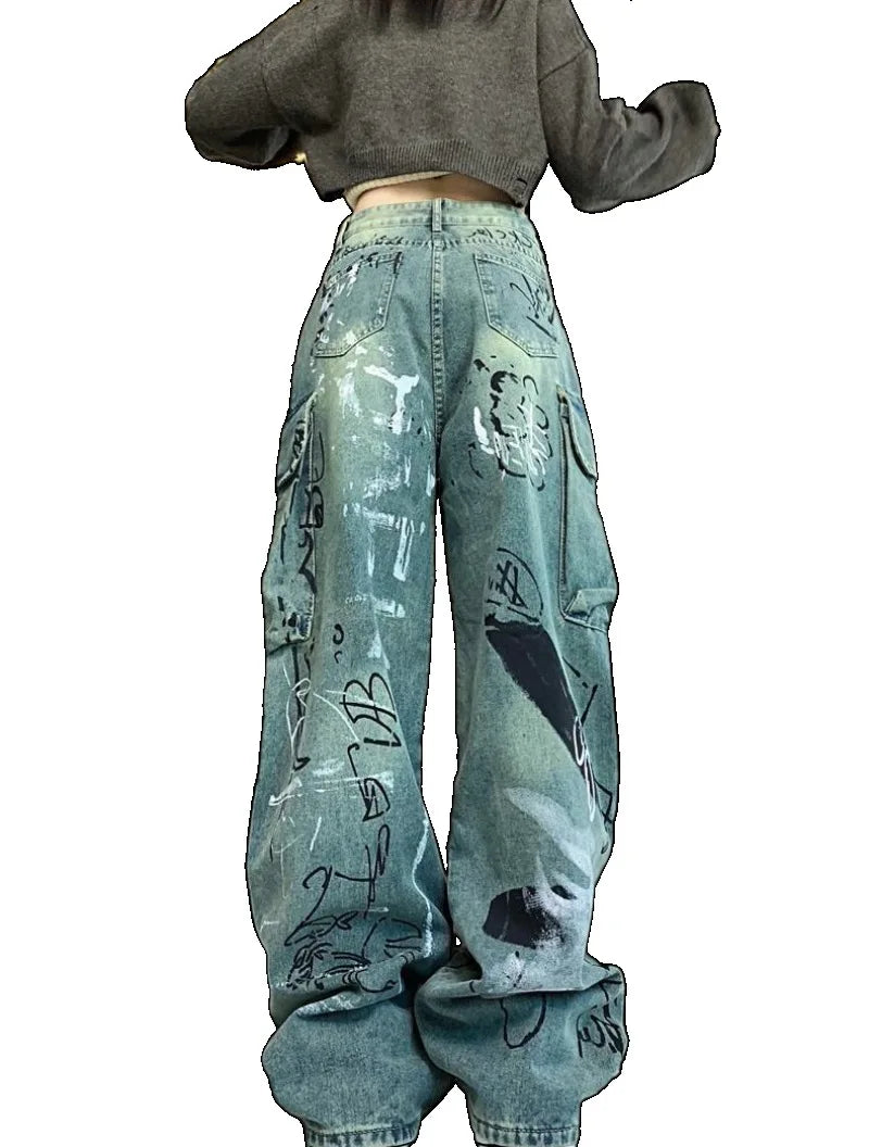 graffiti printed denim jeans unisex side pocket straight cargo jean trousers hip hop streetwear casual loose joggers jeans pants unique joggers style 3696