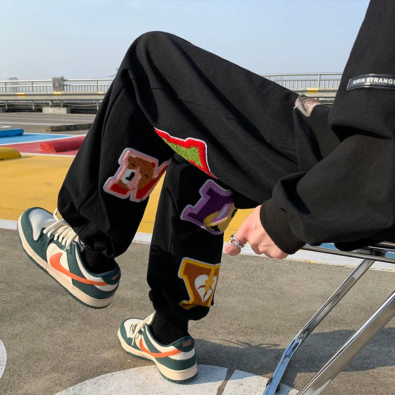preppy style letter embroidery straight men baggy tracksuit pants y2k clothes sweatpants male drawstring casual long trousers unique joggers style 1076
