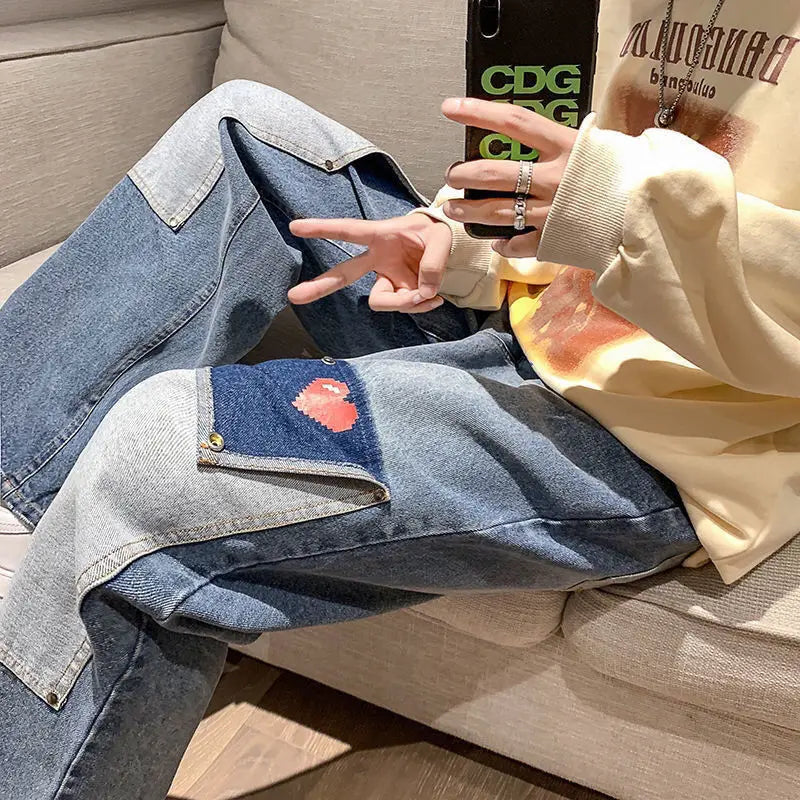 men jeans patchwork multi pocket couple denim pants beggar style cargo pants high street casual male streetwear unique cargo style 2410