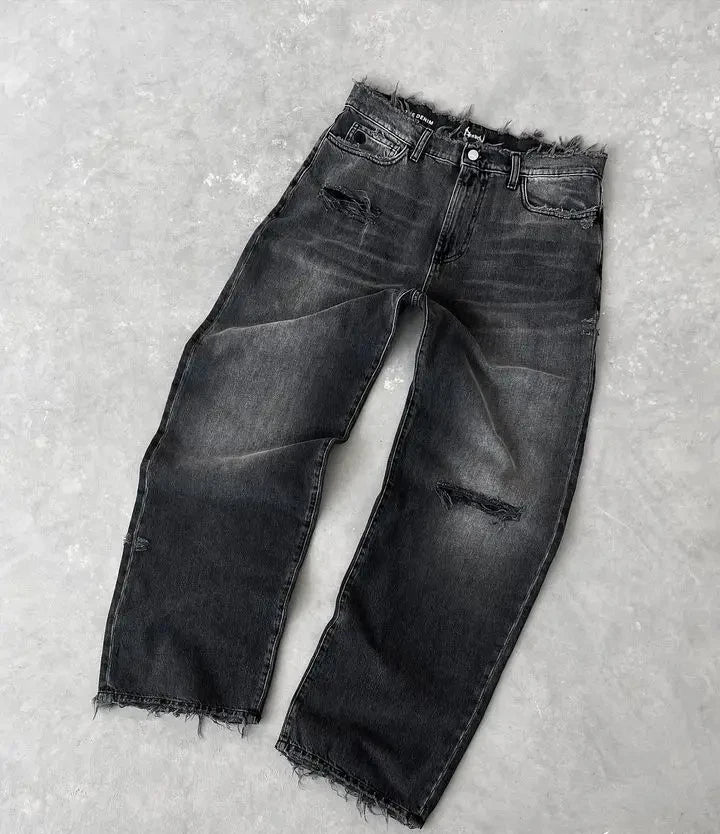 baggy jeans for men y2k hip hop distressed retro black pants oversized embroidery harajuku gothic wide leg trousers streetwear unique jeans style 387