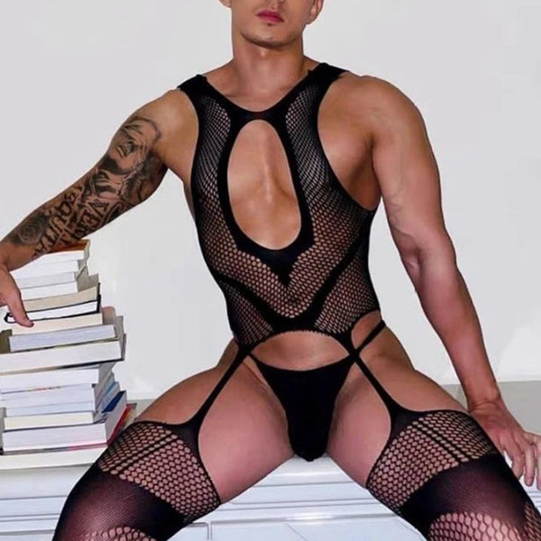 Mens Ultra-thin Erotic Lingerie gay boys Sexy Transparent Mesh Lace Jumpsuit Set See Through Vest Stockings Tights Bodysuit LGBT