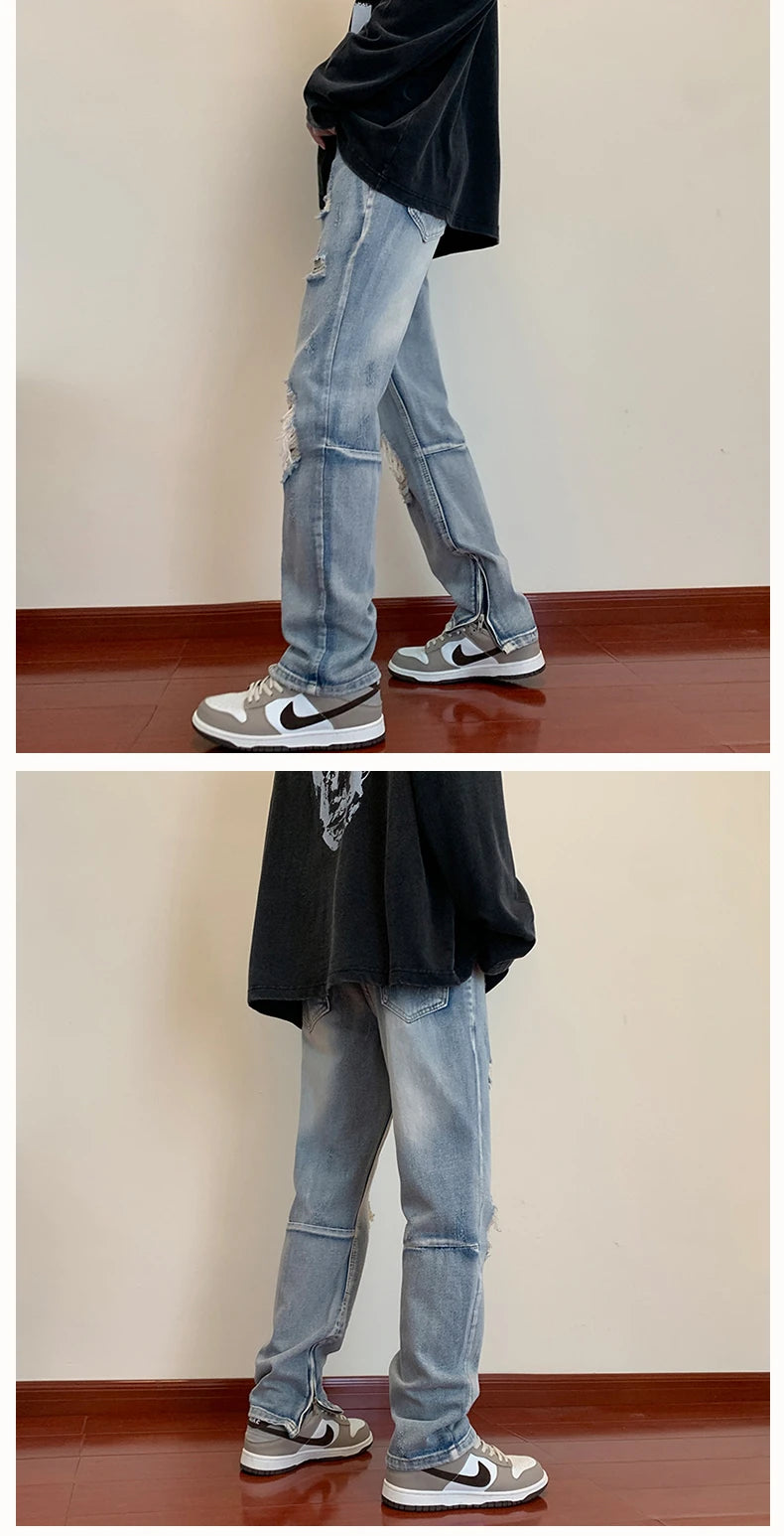 bottom zipper destroyed washed jeans skinny jeans ripped holes trousers men biker jeans fashion streetwear hip hop pants joggers unique joggers style 3017