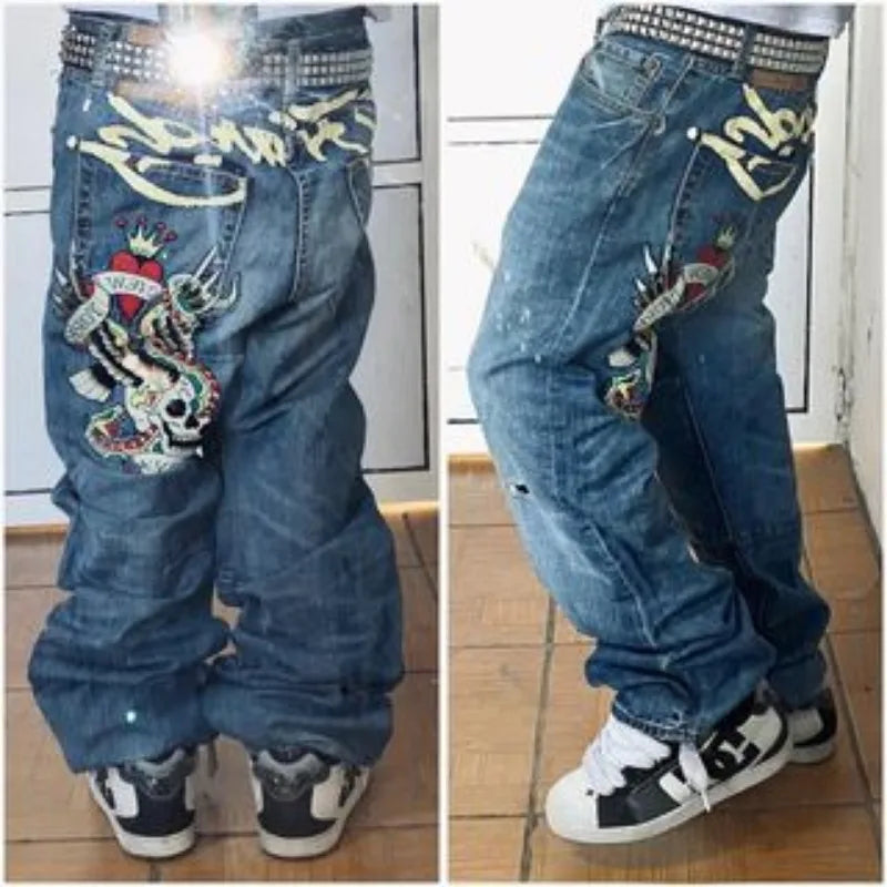 gothic hip hop skull embroidery jeans for men casual y2k high waist wide leg baggy jeans retro straight denim pants streetwear unique jeans style 860