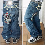 gothic hip hop skull embroidery jeans for men casual y2k high waist wide leg baggy jeans retro straight denim pants streetwear unique jeans style 860