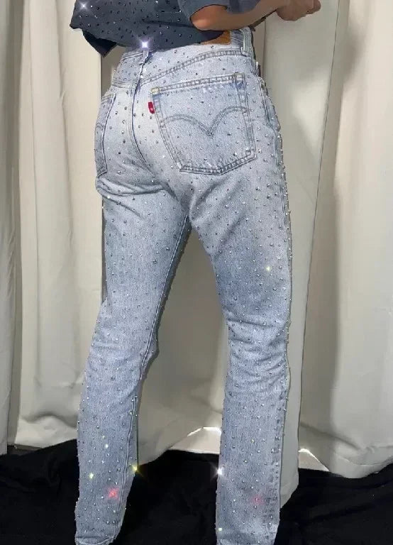 baggy jeans women high waist slim y2k pants gothic pocket sequins rhinestone retro blue jeans fashion straight denim trousers vintage washed jeans