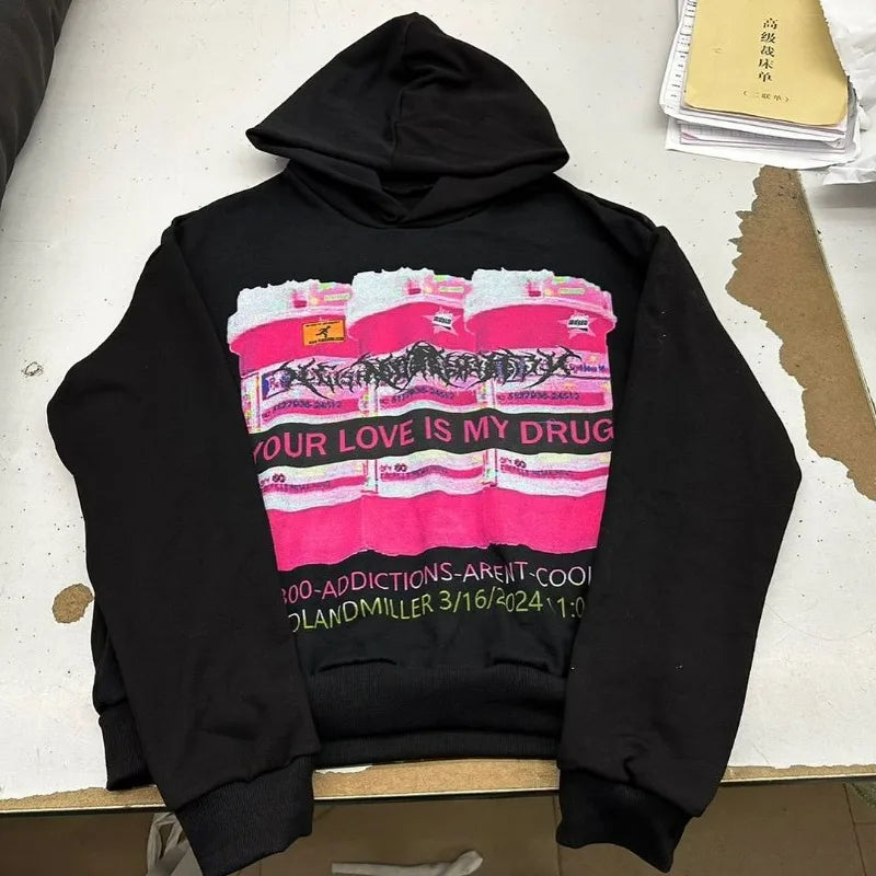Y2K American Street Fashion Anime Letter Graffiti Print Oversized Hood