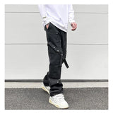 fashion knee adjust belt decoration denim jeans zipper straight jeans hip hop streetwear mens casual loose joggers jeans pants unique joggers style 2574