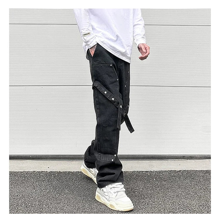 fashion knee adjust belt decoration denim jeans zipper straight jeans hip hop streetwear mens casual loose joggers jeans pants unique joggers style 2574