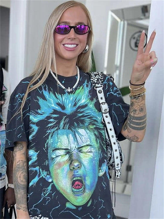 24AW Vintage Retro HS Brand Fashion Electric Kid Tee Washed High-Street Hip-Pop Casual Cotton Short Sleeve T-Shirt Tops