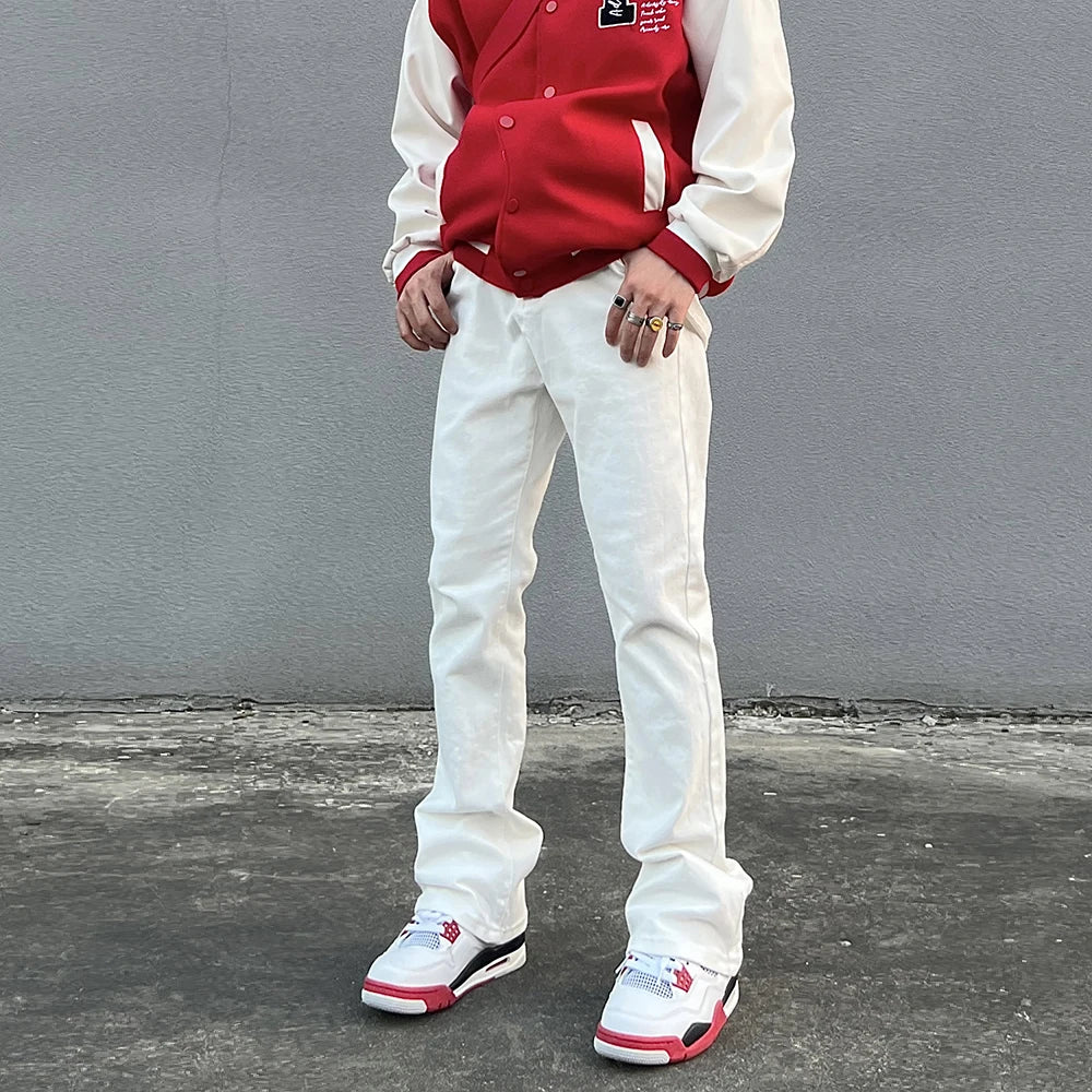 high street micro flare denim pants slim white jeans overall mens fashion casual vibe relaxed solid color washing jeans pants denim street jeans