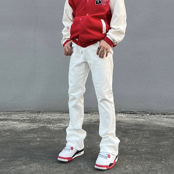 high street micro flare denim pants slim white jeans overall mens fashion casual vibe relaxed solid color washing jeans pants denim street jeans