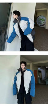 Retro Stand Collar Winter Jacket Men Zip Up Patchwork Cotton-padded Lightweight Parkas Spring Unisex Loose Autumn Short Outwear