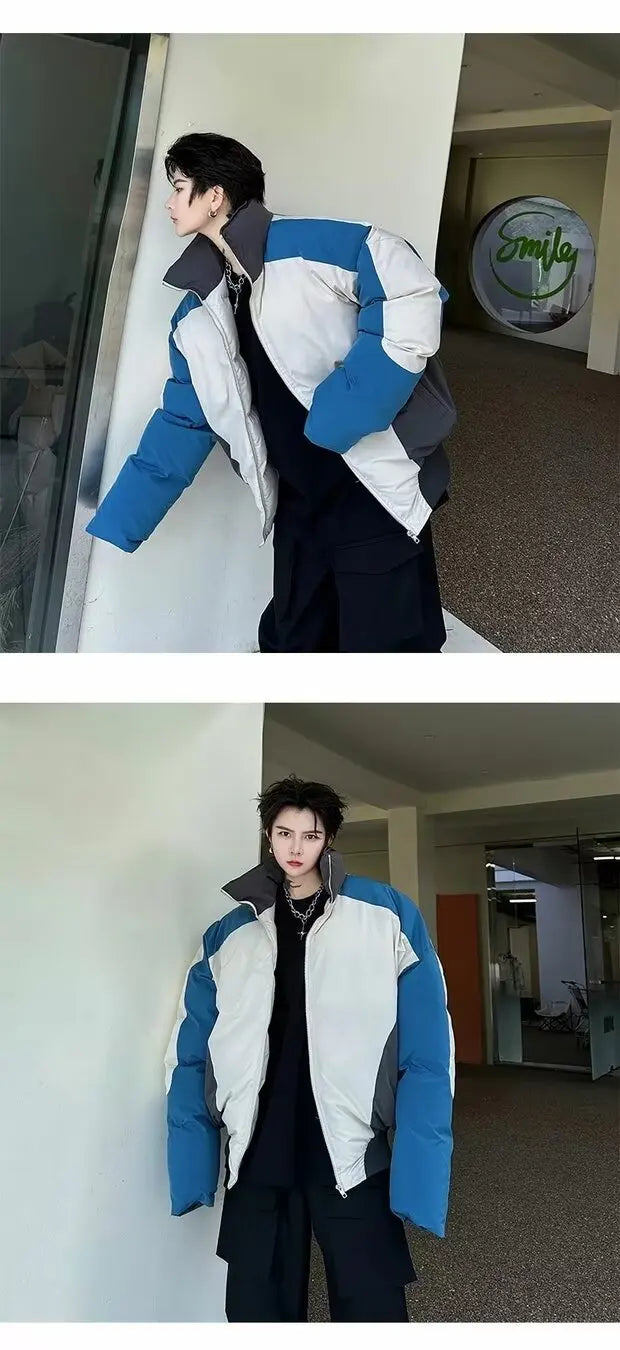 Retro Stand Collar Winter Jacket Men Zip Up Patchwork Cotton-padded Lightweight Parkas Spring Unisex Loose Autumn Short Outwear
