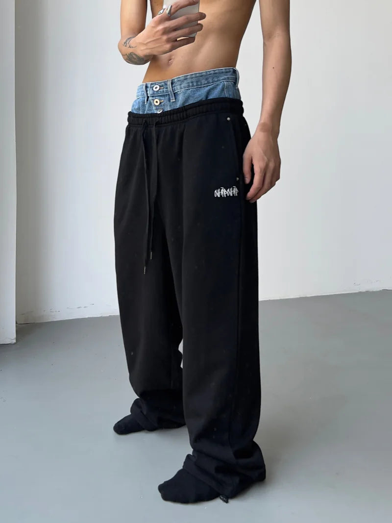 hip hop straight pants spliced button jean elastic waist pants loose trousers unisex casual drewstring sportwear pants joggers sporty tapered joggers