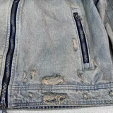 graphic outerwear featuring collarless wash denim motorcycle jacket design – premium quality jacket for men