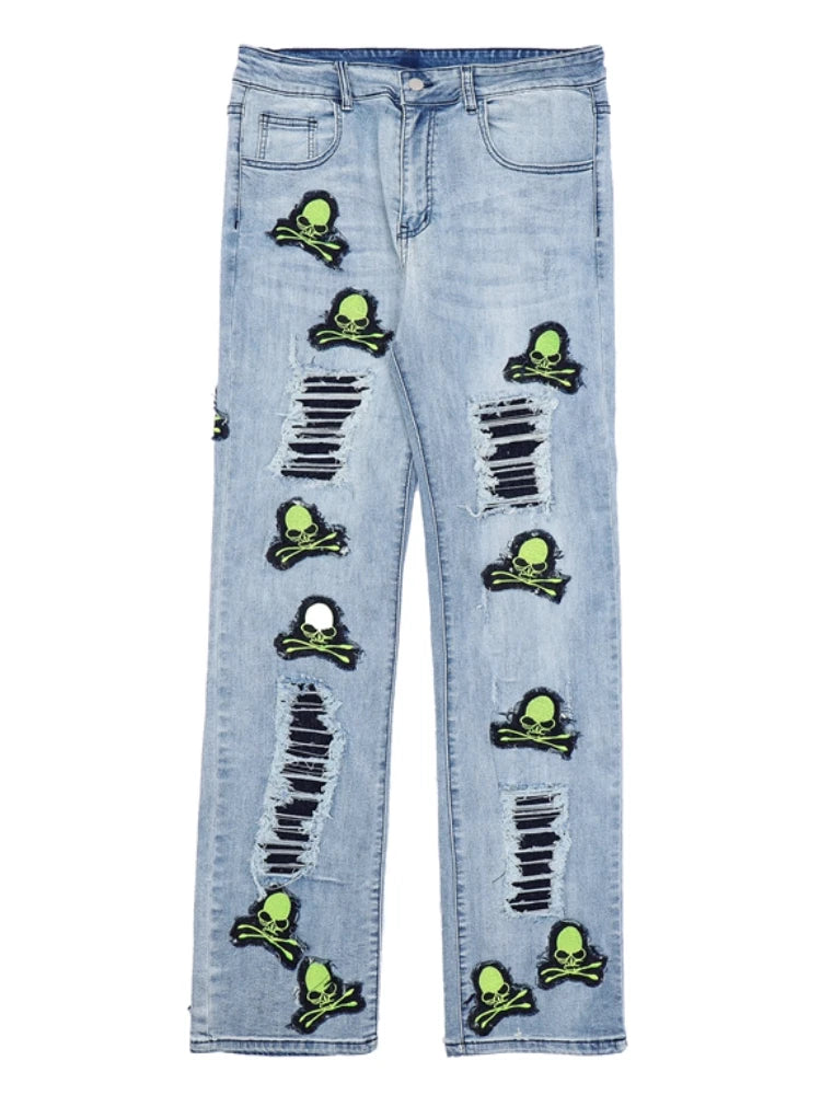skull embroidery patchwork ripped denim jean pants fashion biker straight trousers streetwear hip hop joggers pant men clothing urban active pants