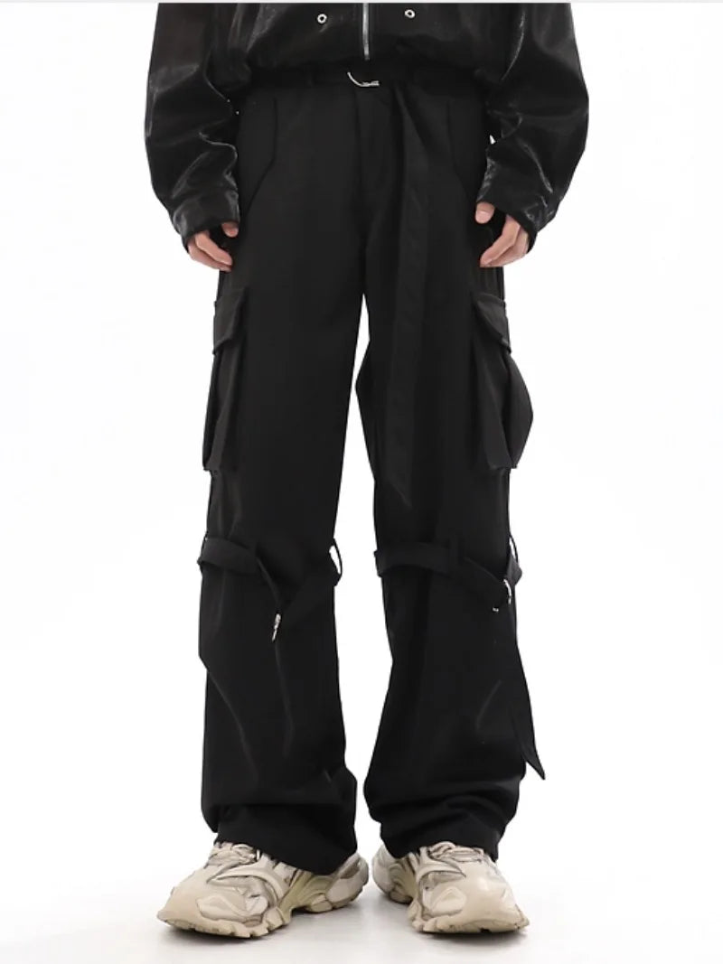 fashion cargo pants adjustable belts waist with side pockets joggers streetwear pant unisex casual loose straight baggy trousers sporty tapered joggers