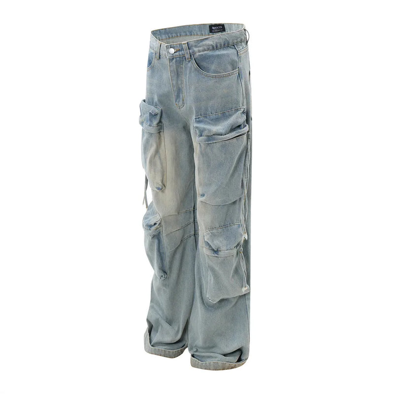 vintage multi pocket baggy jeans mens harajuku cargo denim pants retro hip hop straight loose jean pants men clothing unique cargo style 1077