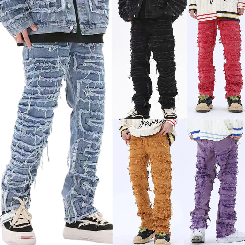 tassel hole spliced european and american straight leg denim pants new popular patch jeans mens wear unique jeans style 188