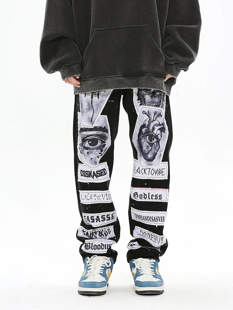 fashion skull graffiti patchwork denim jeans mens zipper jeans hip hop streetwear casual harajuku straight joggers jeans pants relaxed fit joggers