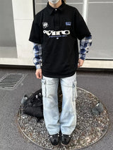street japanese mens set embroidered fake two piece patchwork tops hip hop washed jeans 2 piece harajuku suits y2k streetwear unique jeans style 4761
