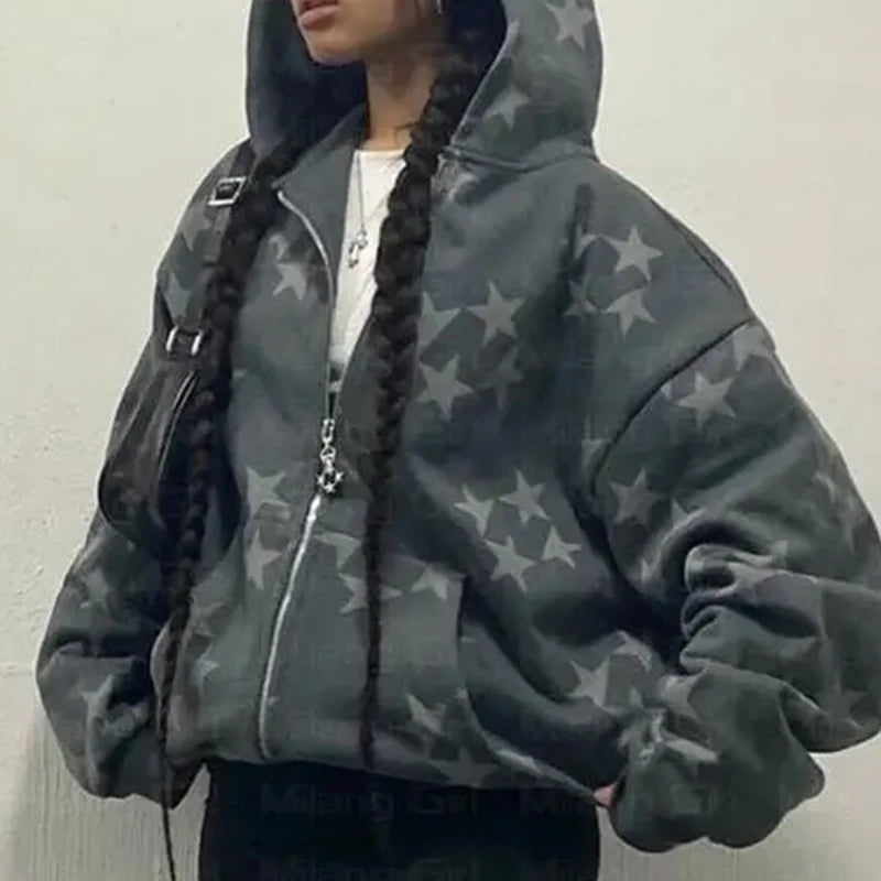 Women Long Sleeved Zip Hoodie Jacket Oversize Streetwear Vintage Fashi