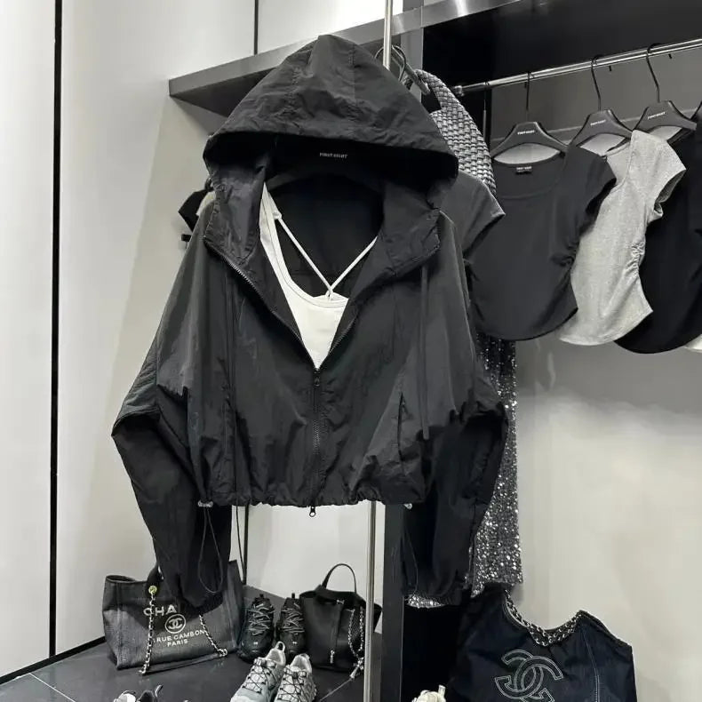 Korean Fashion Crop Jacket Women Black Windbreaker Jacket Casual Overs