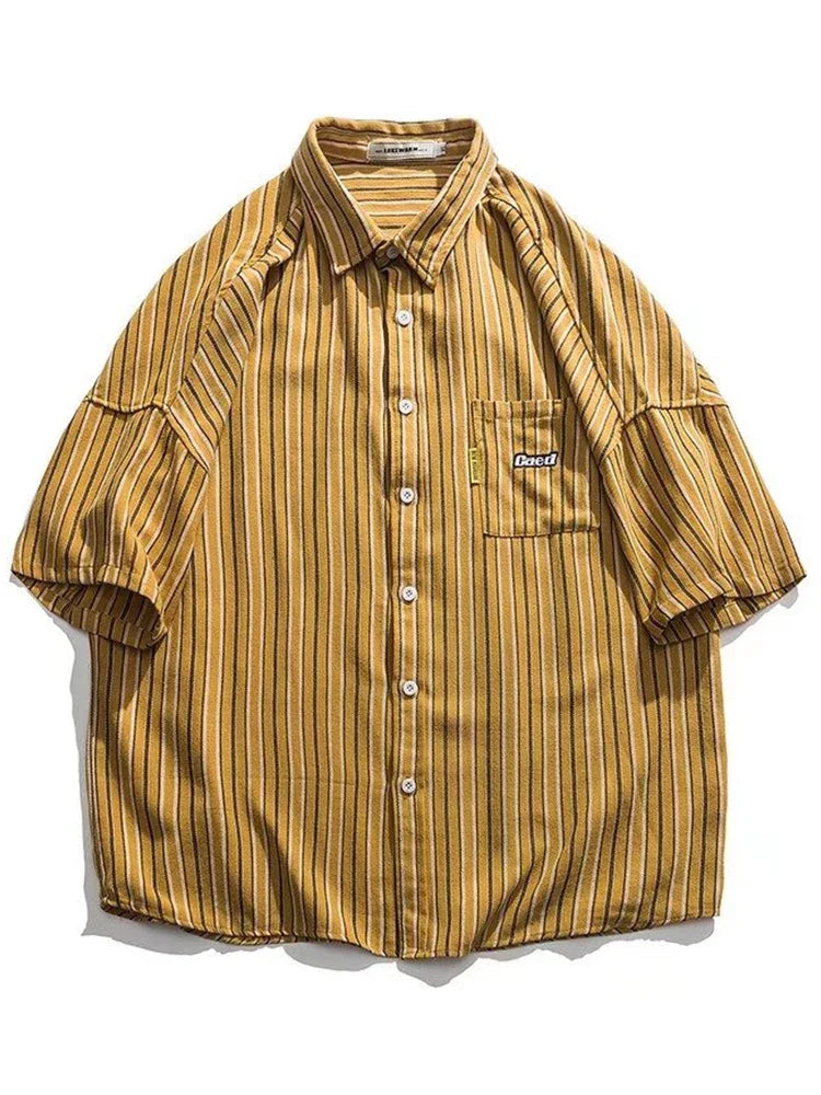Skatercore Aesthetic drop – 2024 Summer Mens Vintage Striped Shirts Letter Print Short S