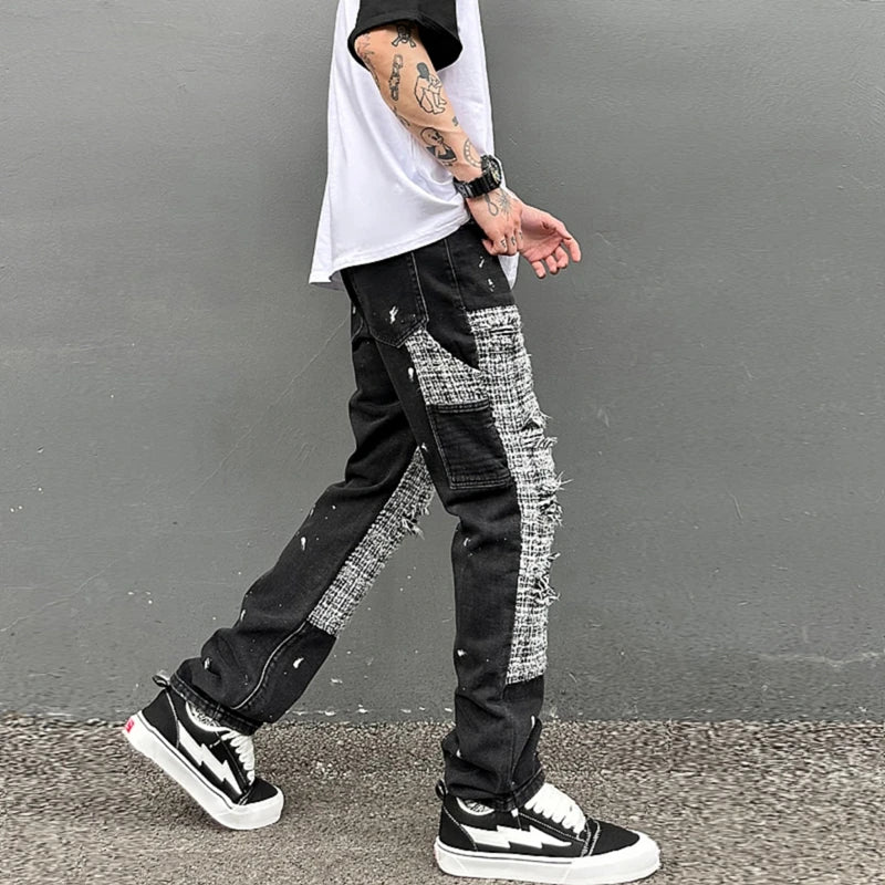 black white checkered patchwork straight leg denim trousers men hip hop splashed ink logging pants jeans slim fit washed torn unique jeans style 562