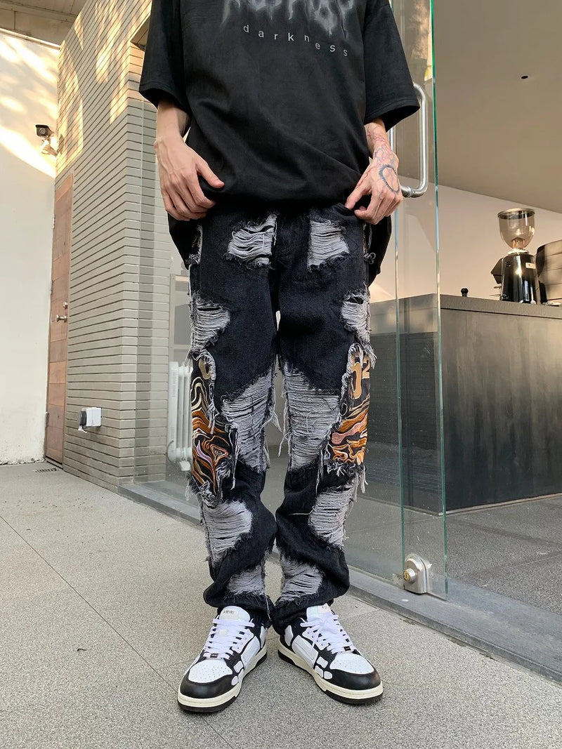 fashion embroidery destroyed ripped tassel holes denim jean pants mens casual loose straight jeans hip hop streetwear joggers unique joggers style 4341