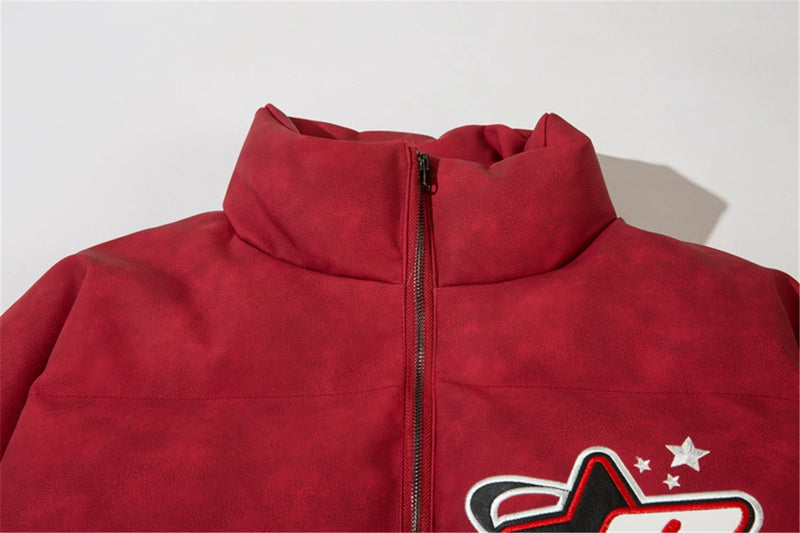 Men PU Leather Warm Jacket Winter Vintage Waterproof Parkas Embroidery Letter Thick Padded Coat Streetwear Hip Hop Loose Parka