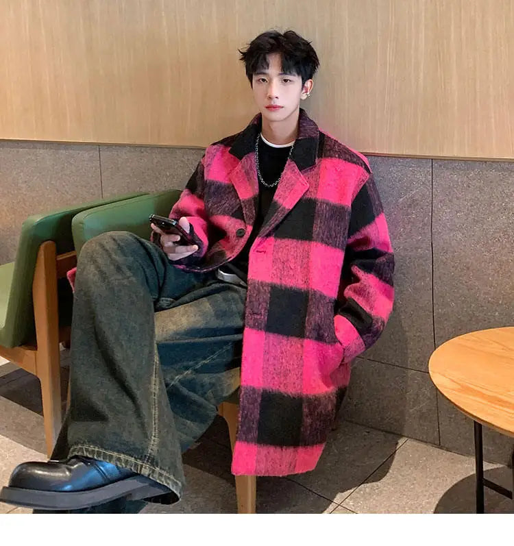 Plaid Woolen Trenchcoat Men Autumn Winter Fashion Retro Streetwear Suit Collar Loose Casual Trendy Trench Coat Outerwear