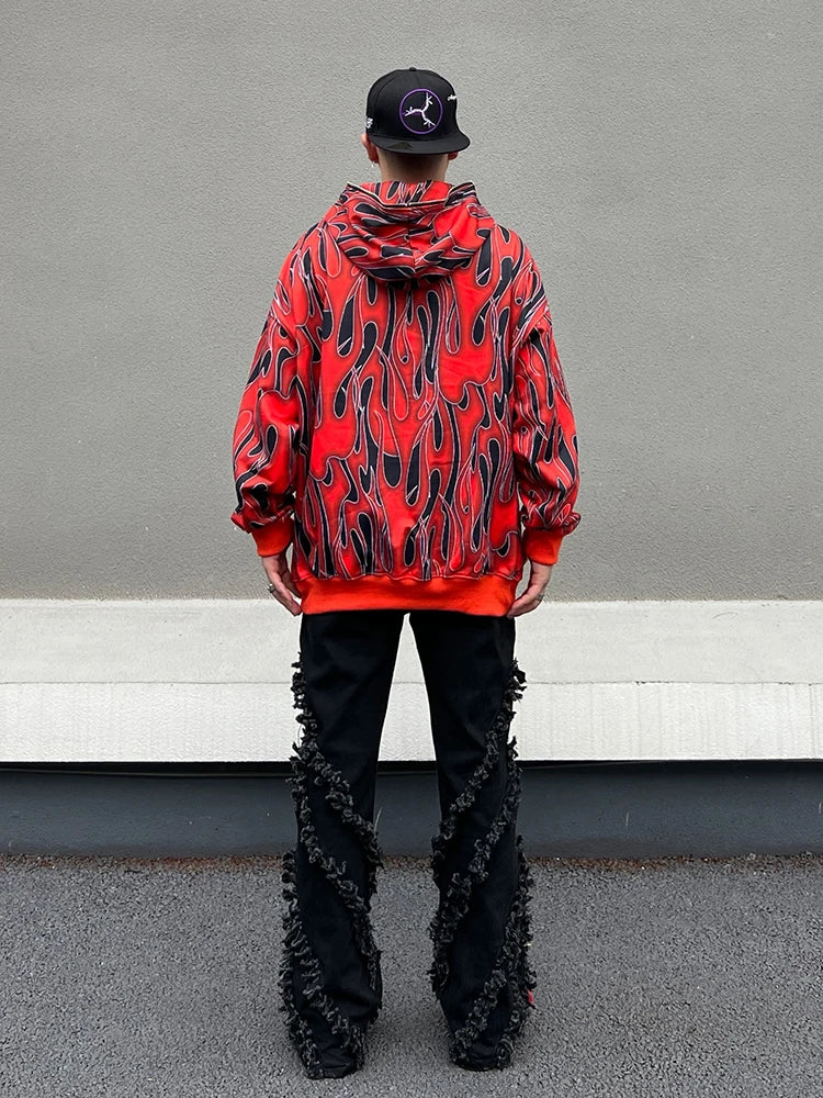 Harajuku melting smiley featuring mens harajuku fire printed hoodies unisex hip hop y2k full zipper sweatshirt streetwear casual hooded warm loose tops hoodies