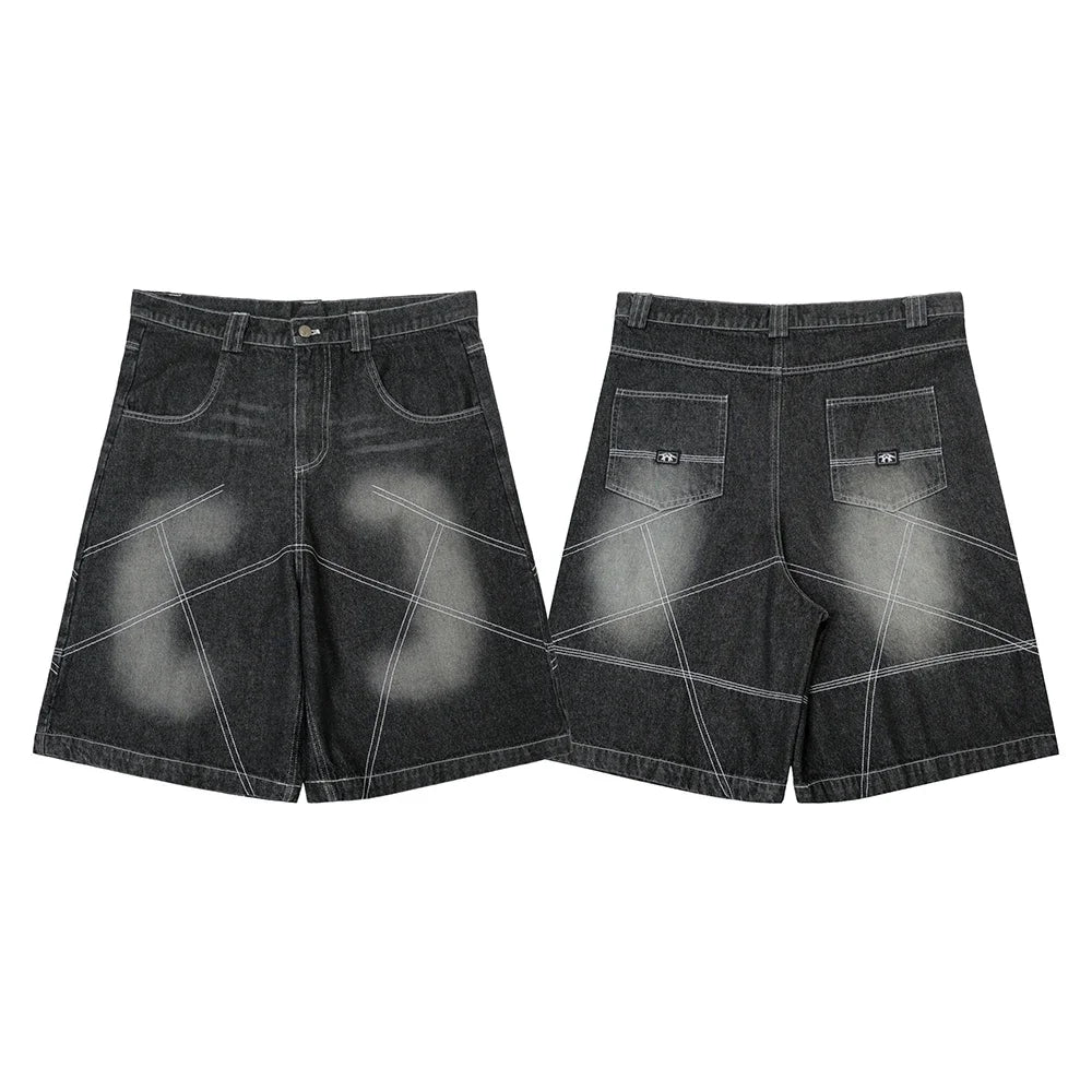 color match pocket washed baggy jeans shorts for men and women wide leg streetwear casual over knee length denim pants unique jeans style 4705