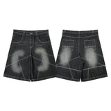 color match pocket washed baggy jeans shorts for men and women wide leg streetwear casual over knee length denim pants unique jeans style 4705