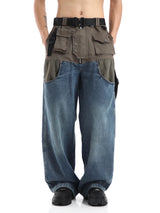 high street cargo pocket patchwork denim jeans pants unisex fashion loose wide leg straight functional tactics pants joggers men sporty tapered joggers