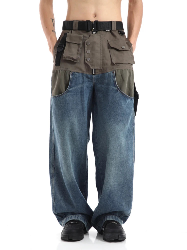 high street cargo pocket patchwork denim jeans pants unisex fashion loose wide leg straight functional tactics pants joggers men sporty tapered joggers