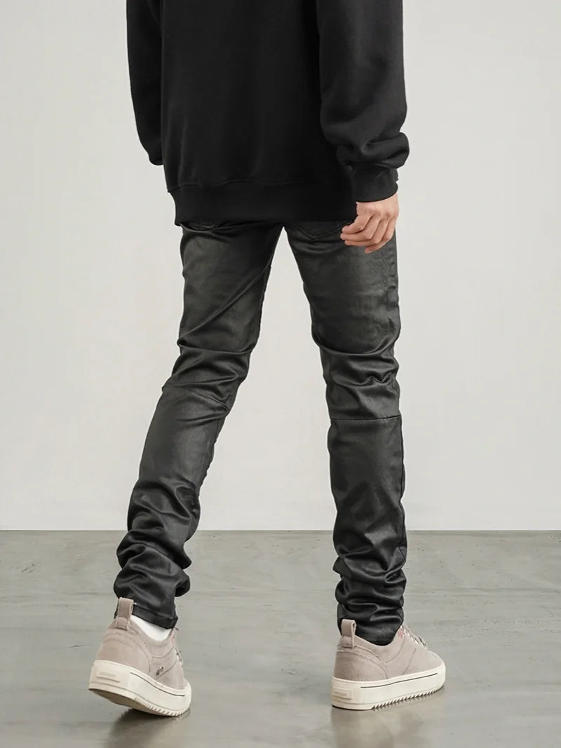 men pants high street wax coating pant casual streetwear hip hop zipper trousers harajuku fashion slim fit skinny pants joggers urban active pants