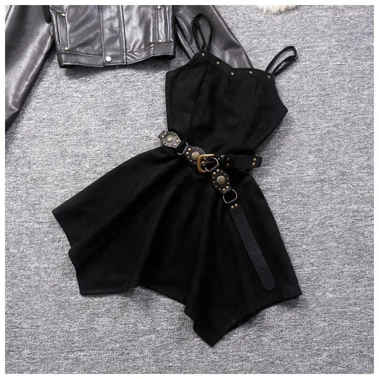 Retro hot girl camisole irregular big swing skirt short leather jacket coffee color set two piece sets womens outifits dress