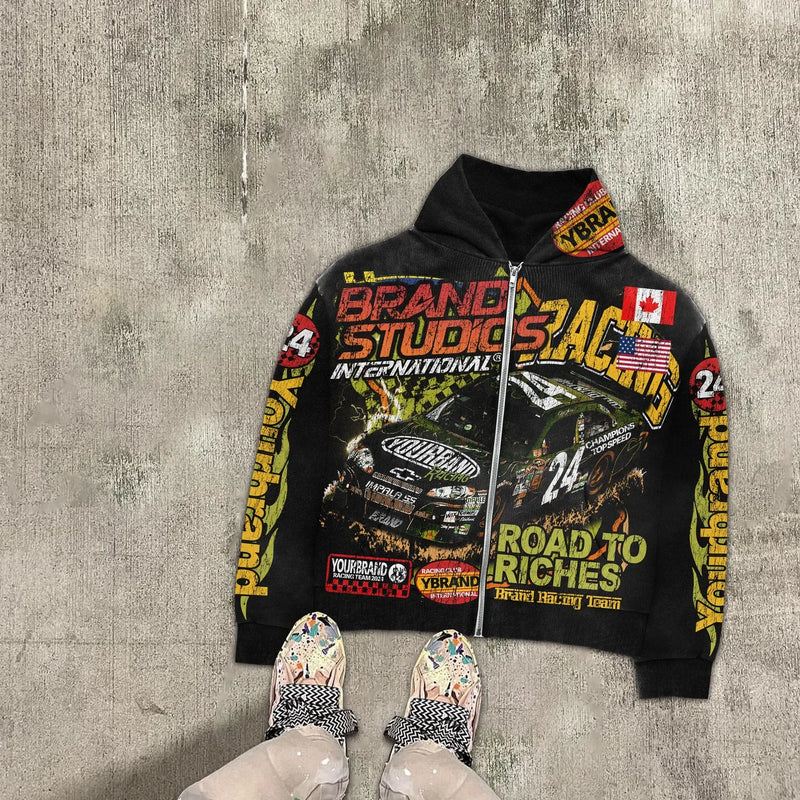 Vaporwave Drop – Hip Hop American Racing Car Graphic Print Hoodies Women Y2K
