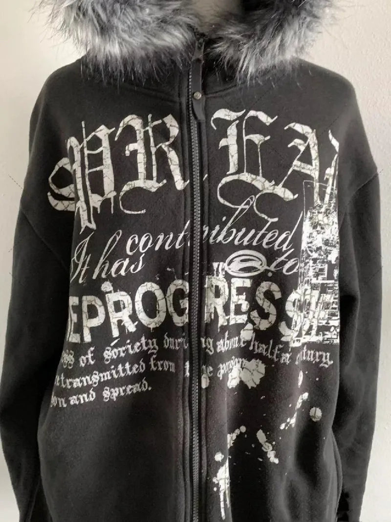 Harajuku Y2K Streetwear Jacket High Street Retro Fur Collar Zipper Hoo