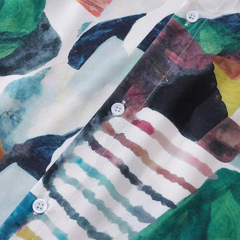 High Street Abstract Colorblock Painting Hawaiian Shirts for Men Autumn Trendy Shirt Oversized