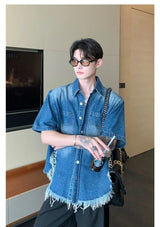 fashion high street mens set 2024 multi pocket short sleeved denim shirt casual straight leg pants 2 pcs set summer suit unisex unique jeans style 4489