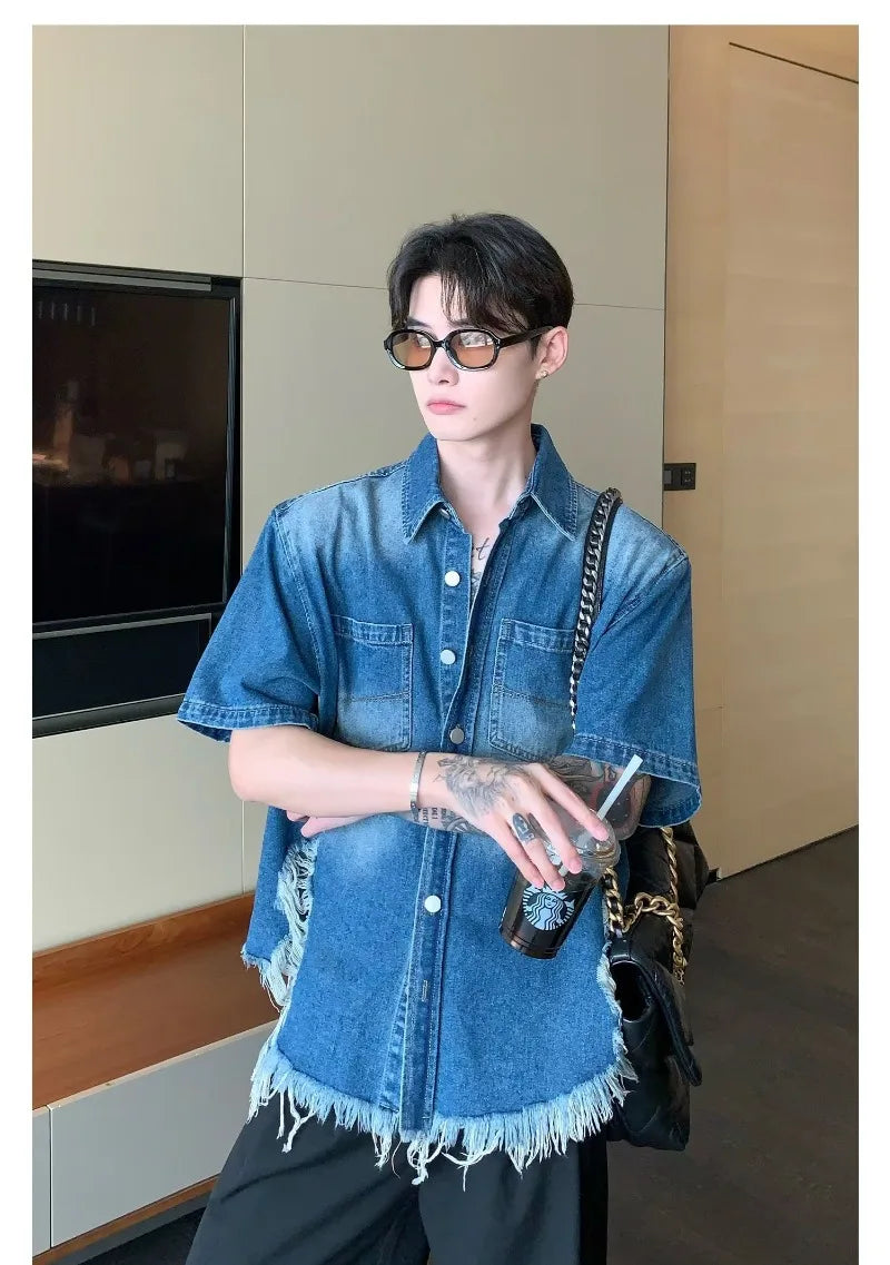 fashion high street mens set 2024 multi pocket short sleeved denim shirt casual straight leg pants 2 pcs set summer suit unisex unique jeans style 4489