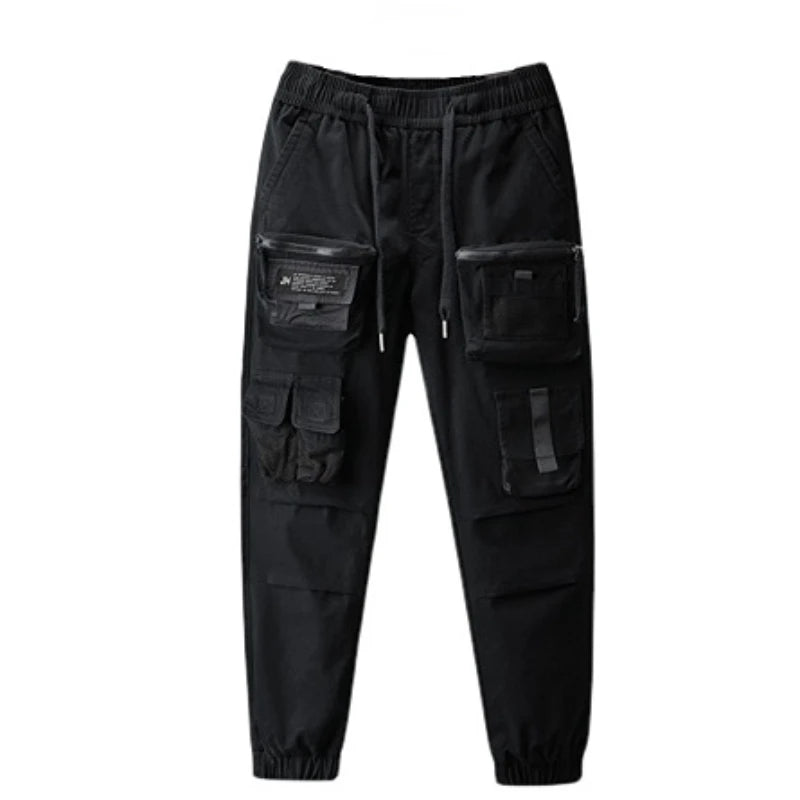 mens cargo pants elastic waist trousers streetwear hip hop loose fit ankle drawstring military pockets sweatpants joggers black unique joggers style 4094