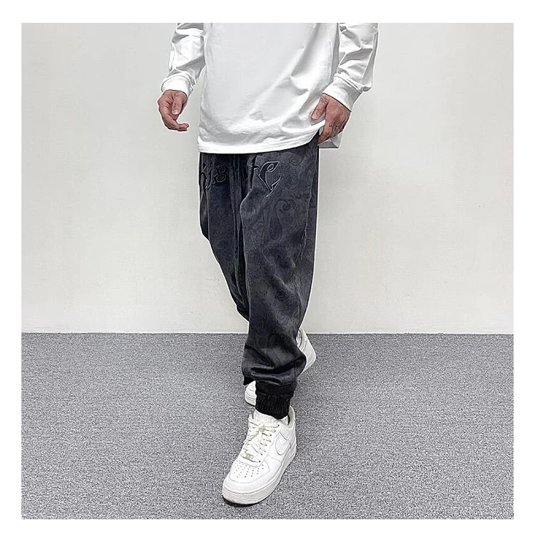 hip hop loose fit elastic waist pants fashion paisy ankle pants mens casual letter embroidery drewstring sportwear pants joggers unique joggers style 3525